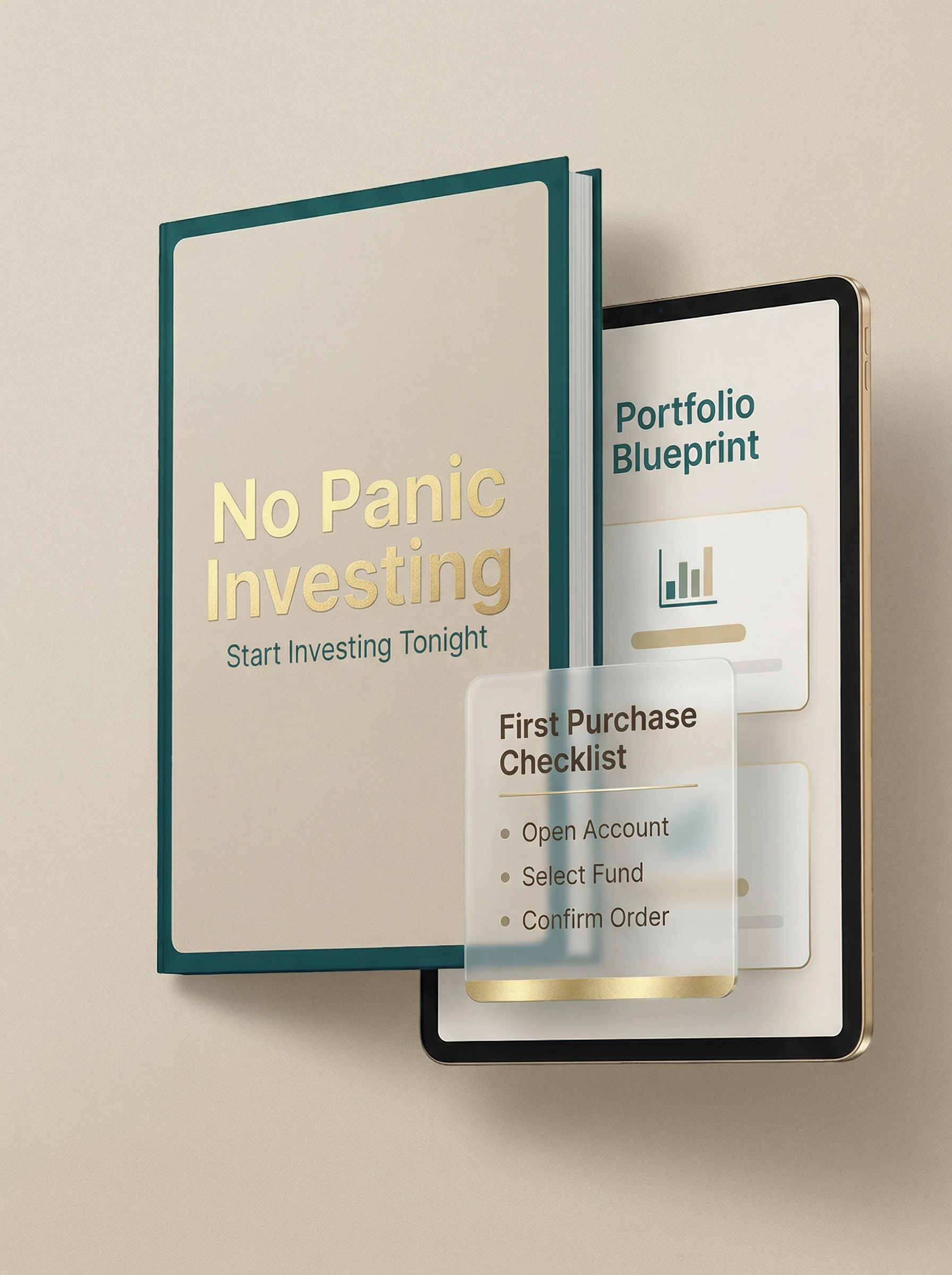 No Panic Investing digital product mockup showing the Portfolio Blueprint and First Purchase Checklist