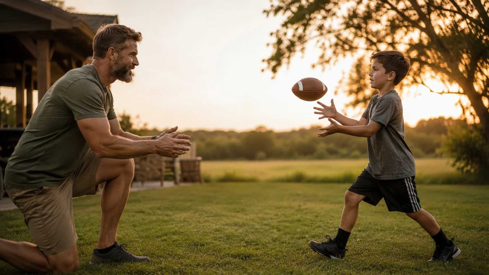 Father and child playing catch together outside