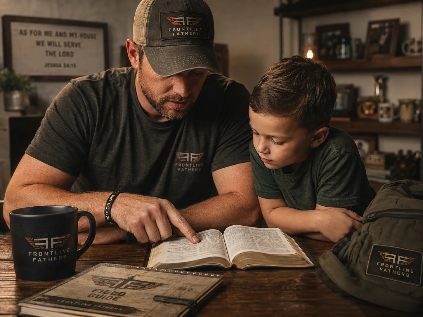 Father and child reading the Bible together at home