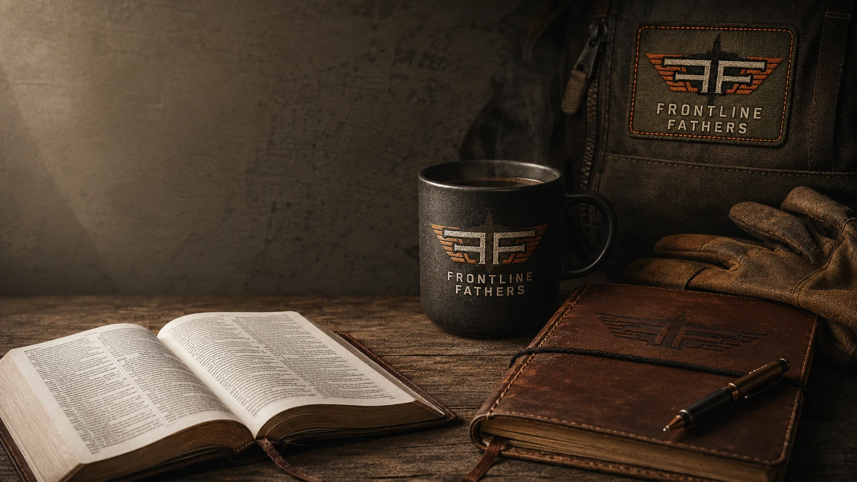 Frontline Fathers coffee mug beside an open Bible in the early morning