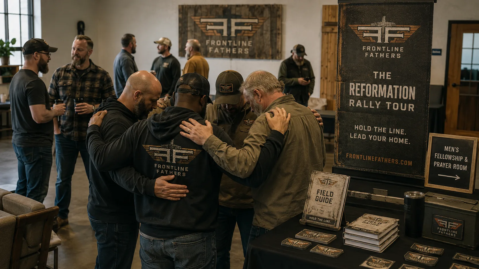 Concept visualization of fathers gathering in prayer and brotherhood at a Rally