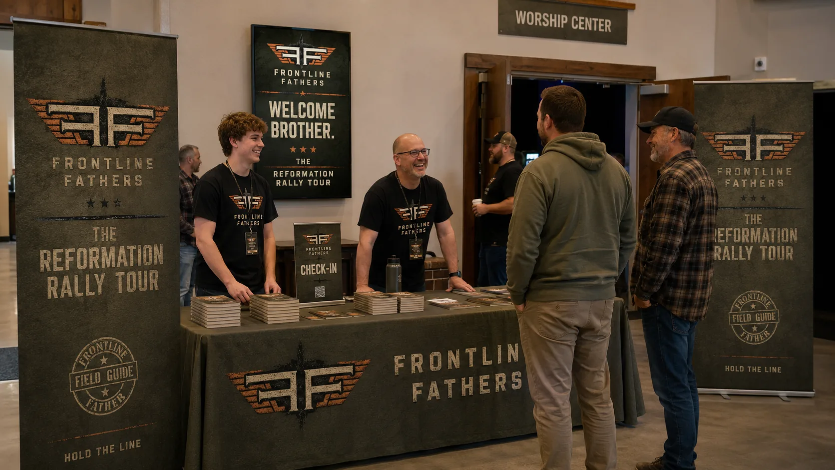 Concept visualization of Frontline Fathers Rally check-in and welcome area