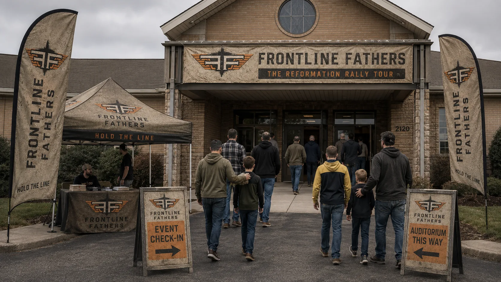 Concept visualization of a church transformed into a Frontline Fathers Reformation Rally Tour stop