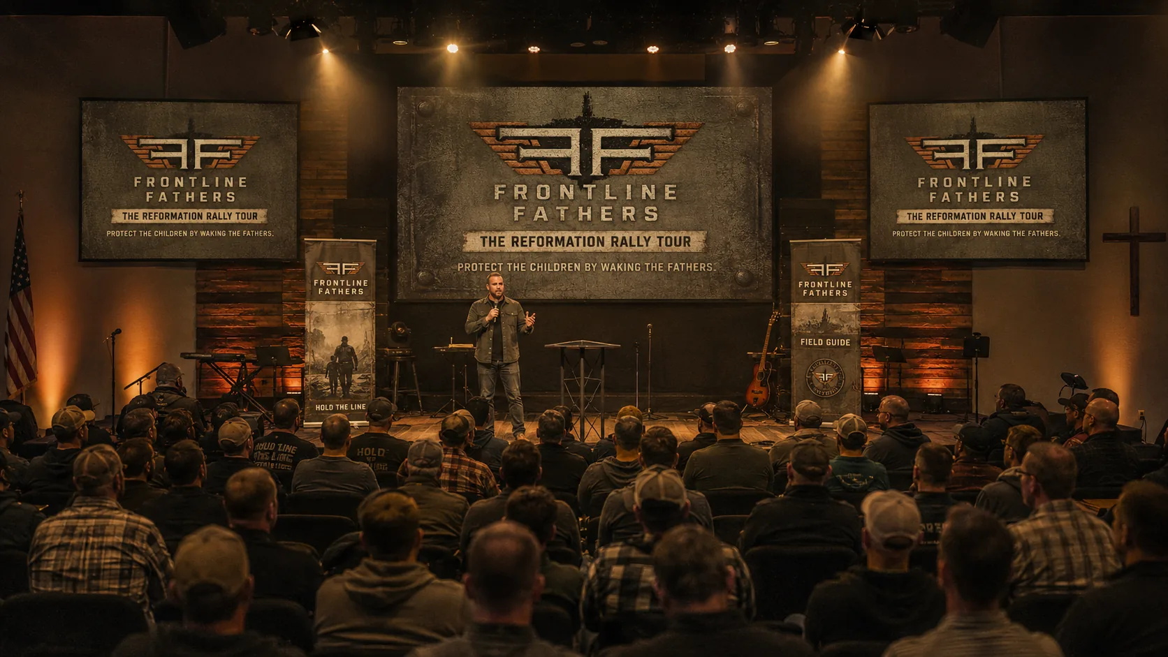 Concept visualization of a Frontline Fathers Rally stage inside a church auditorium