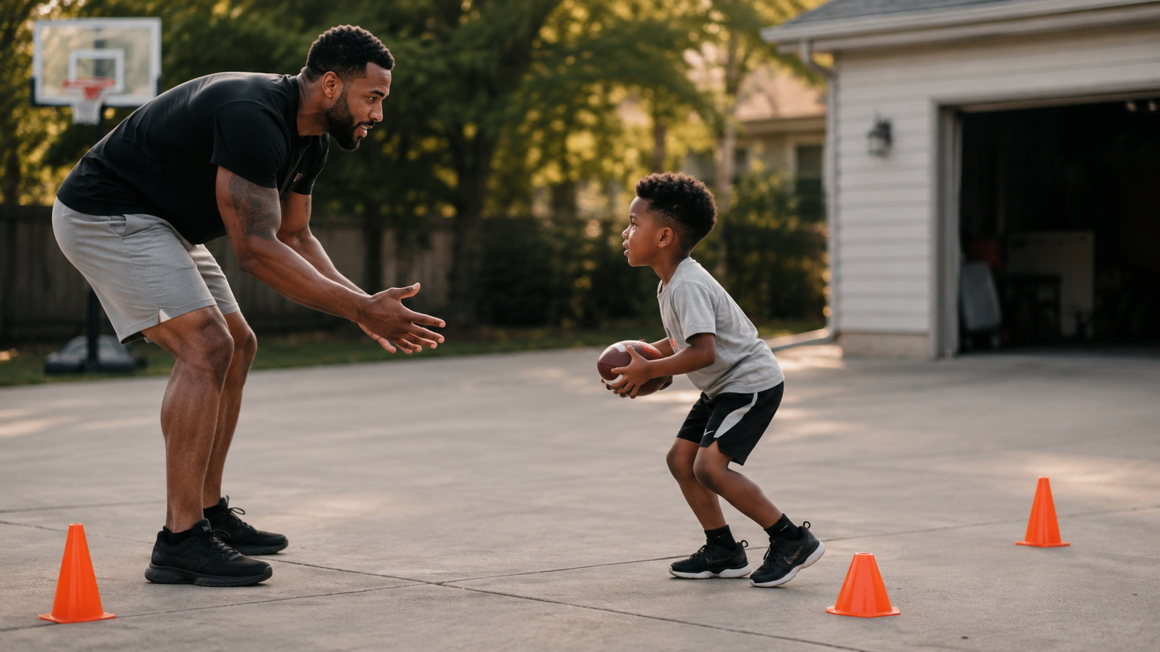 Father coaching his son through an at-home football drill in a driveway.
