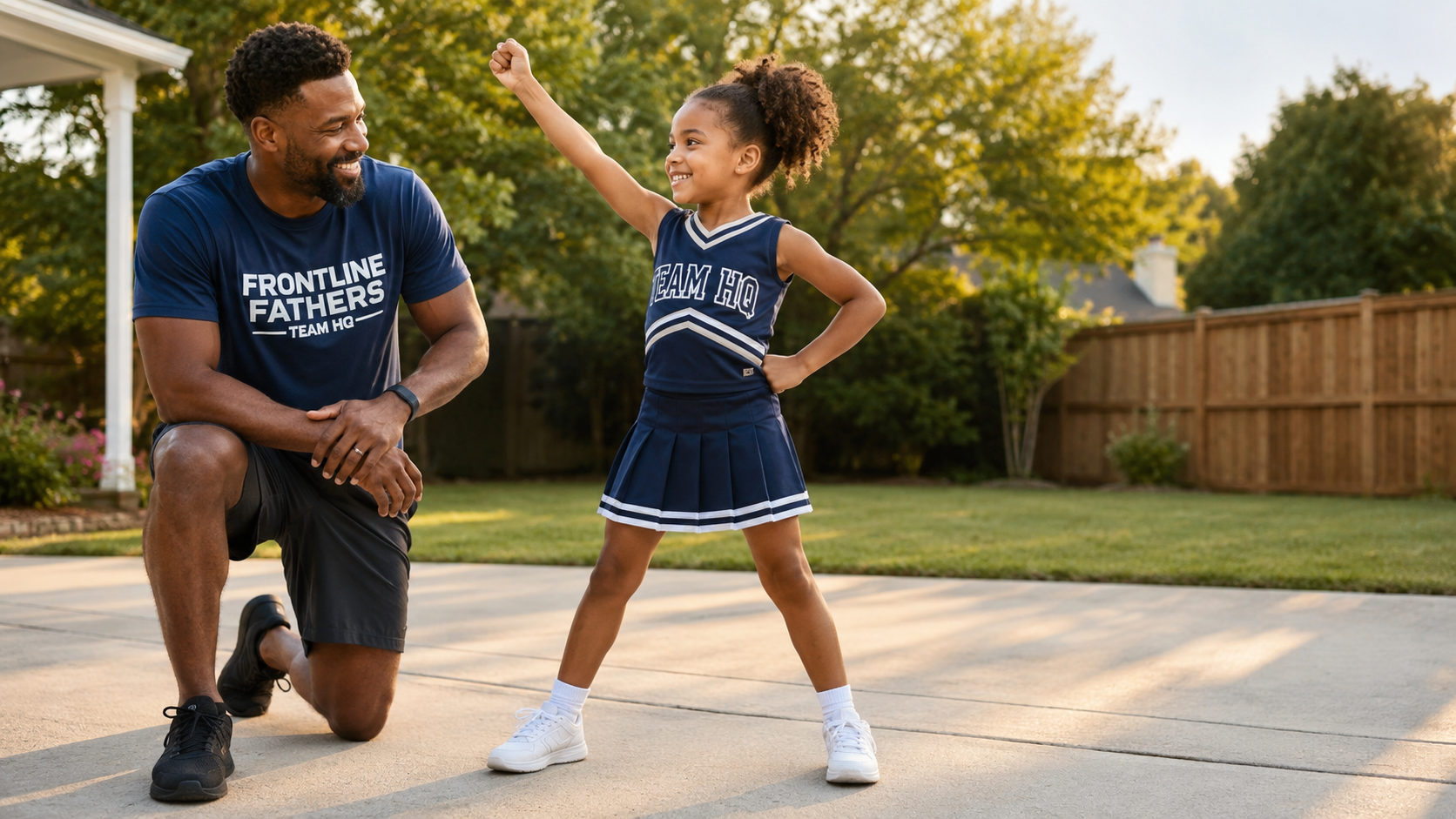 Father encouraging his daughter during cheer practice.