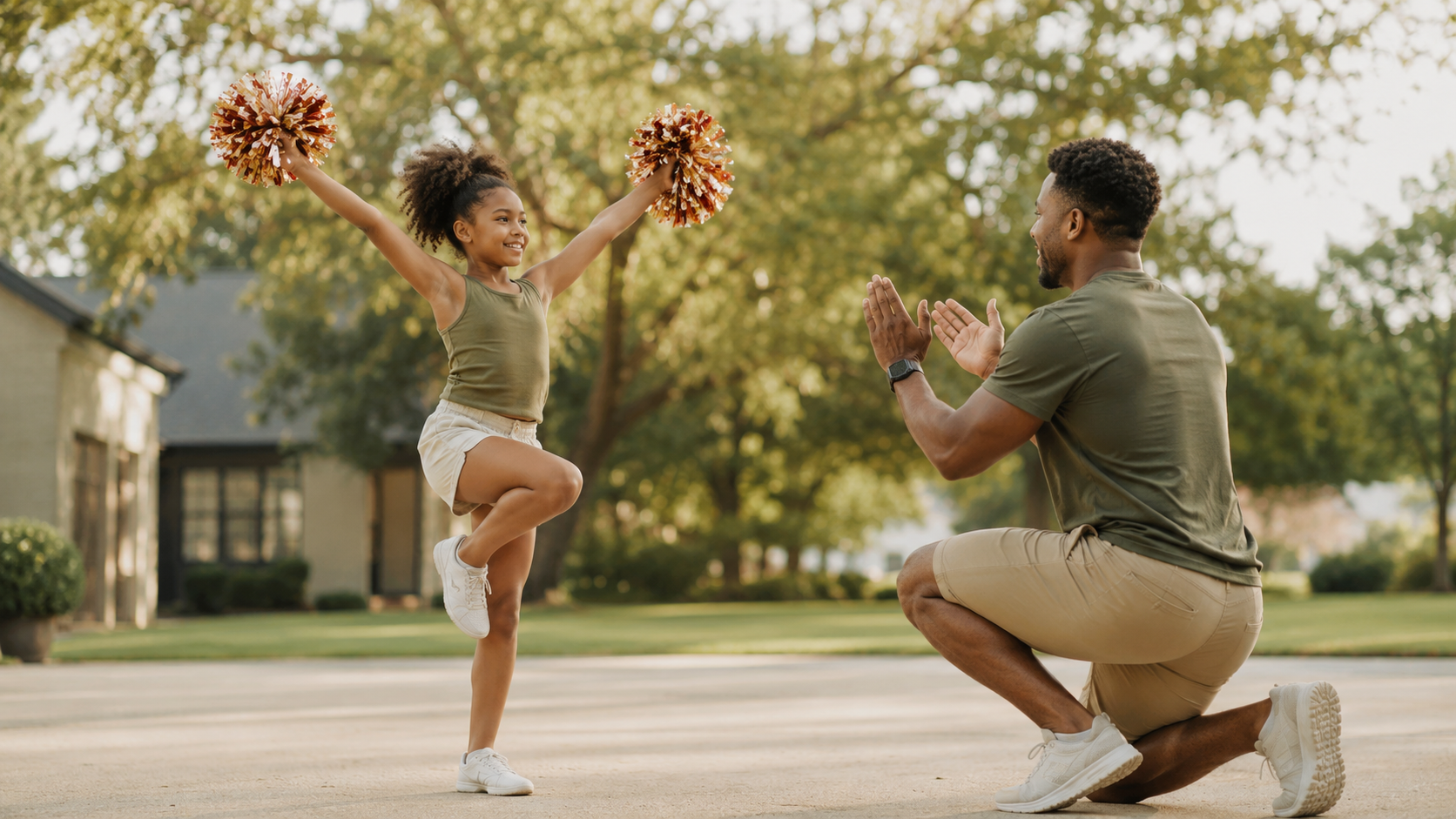 Father encouraging his daughter while she practices youth cheer outdoors.