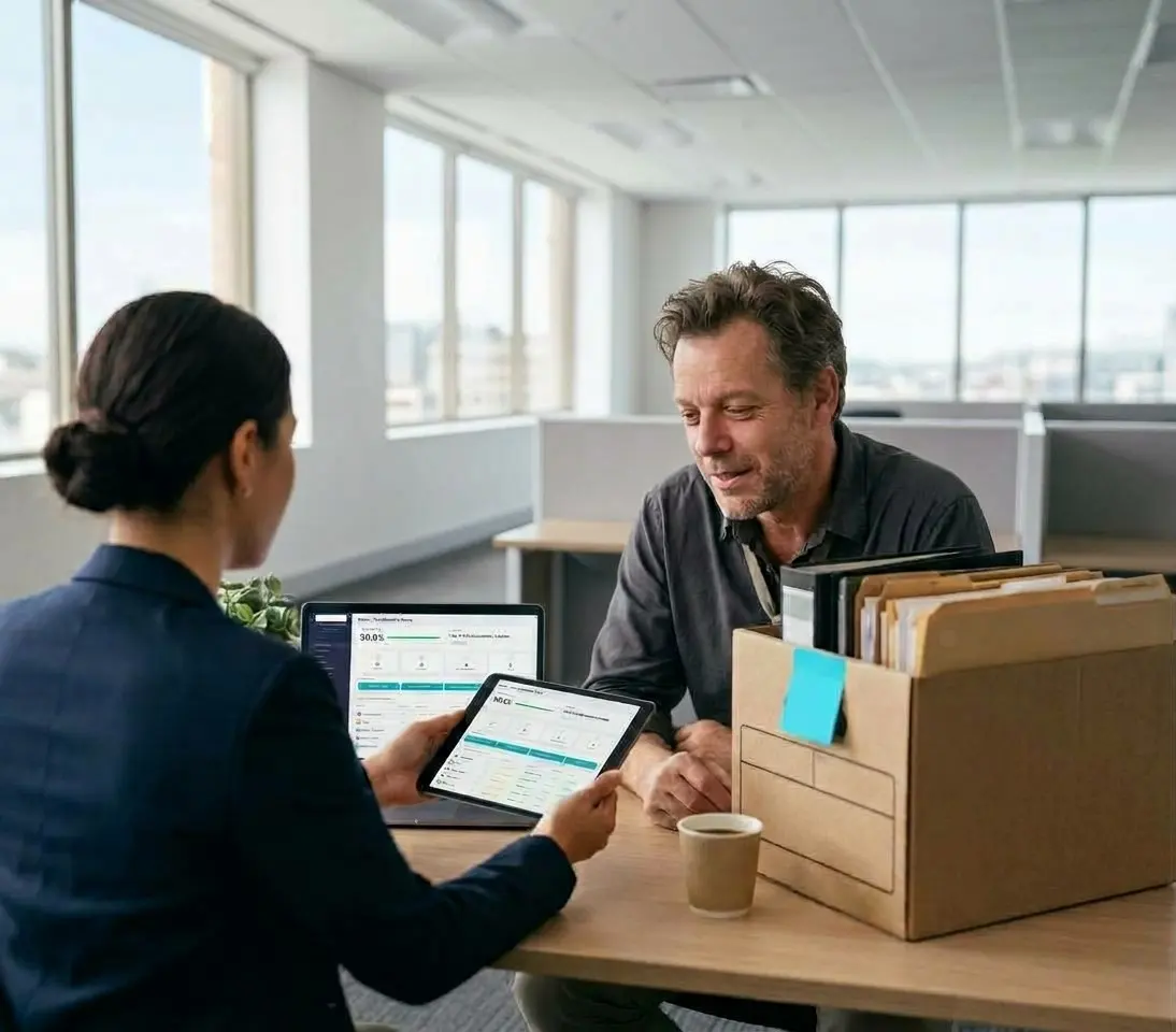 A BizPort consultant shows a business owner his compliance dashboard on a tablet, while his old paper files sit boxed up beside him