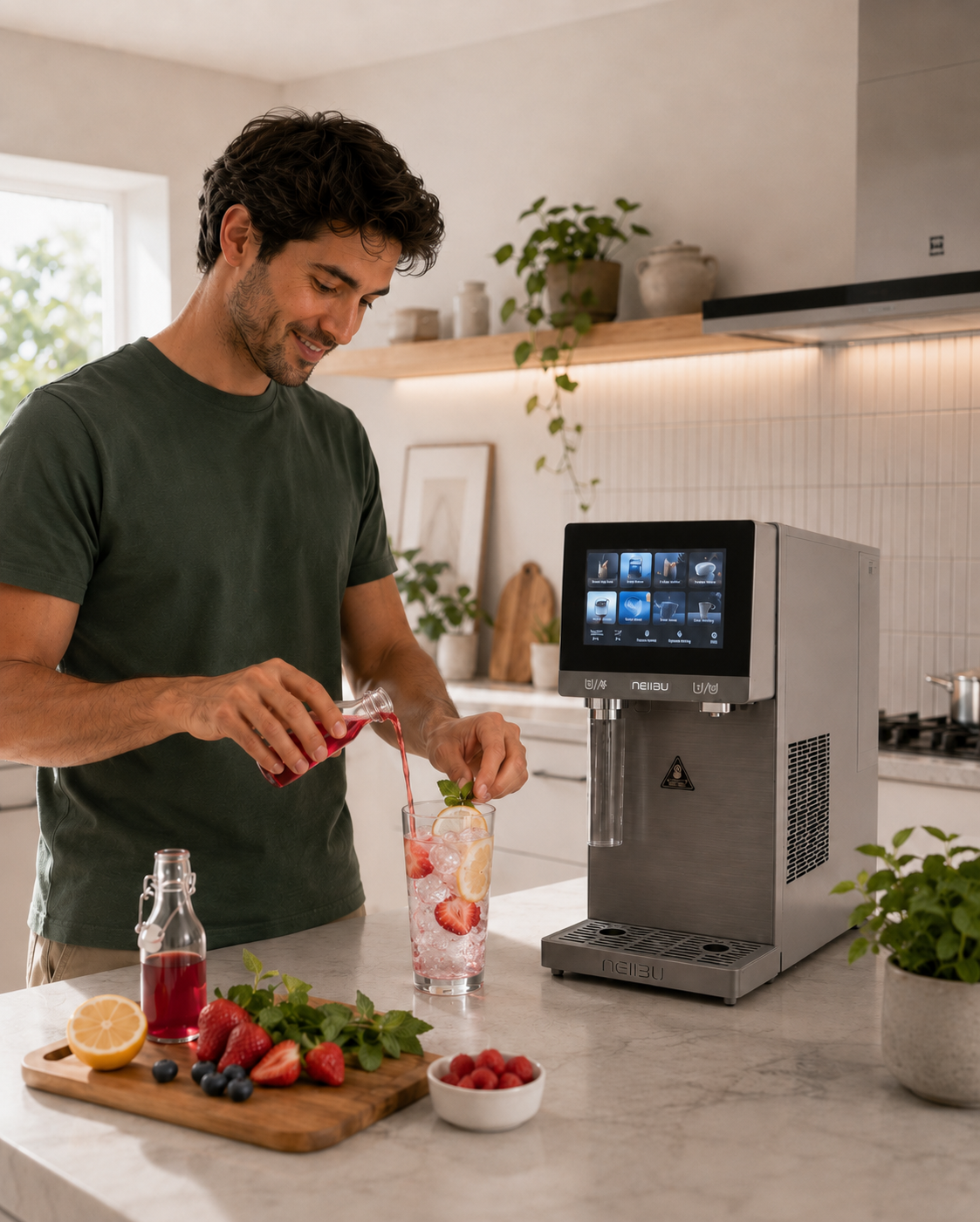 Persona añadiendo fruta y sirope al agua con gas Neiibu