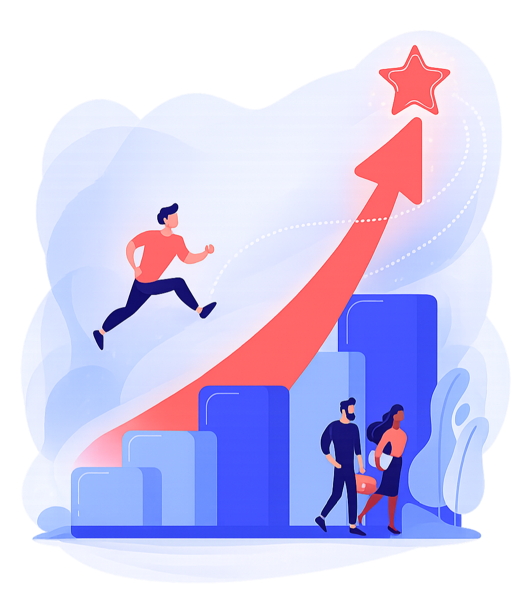 Graphic showing man running up blue pillars with arrow pointing toward star