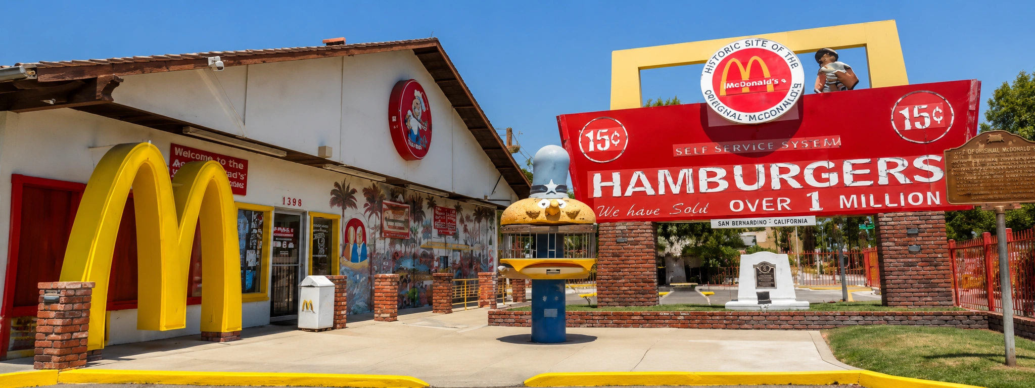 Original McDonald’s Museum in San Bernardino California with vintage golden arches and historic fast food signage