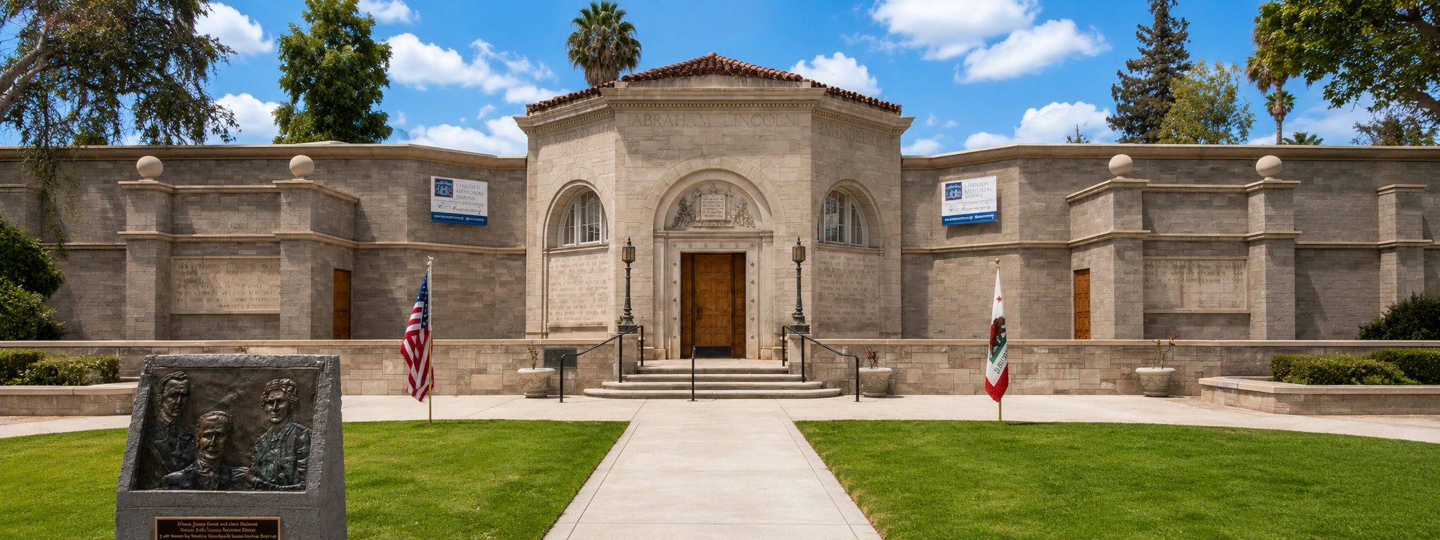 Lincoln Memorial Shrine in Redlands California with historic stone architecture and landscaped memorial grounds
