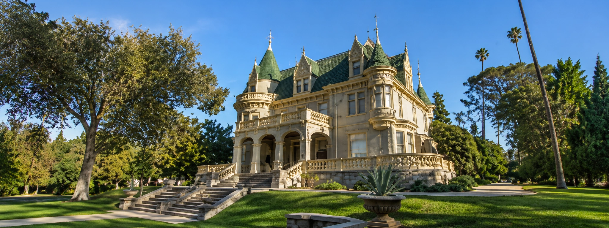 Kimberly Crest House and Gardens in Redlands California with Victorian architecture and landscaped grounds