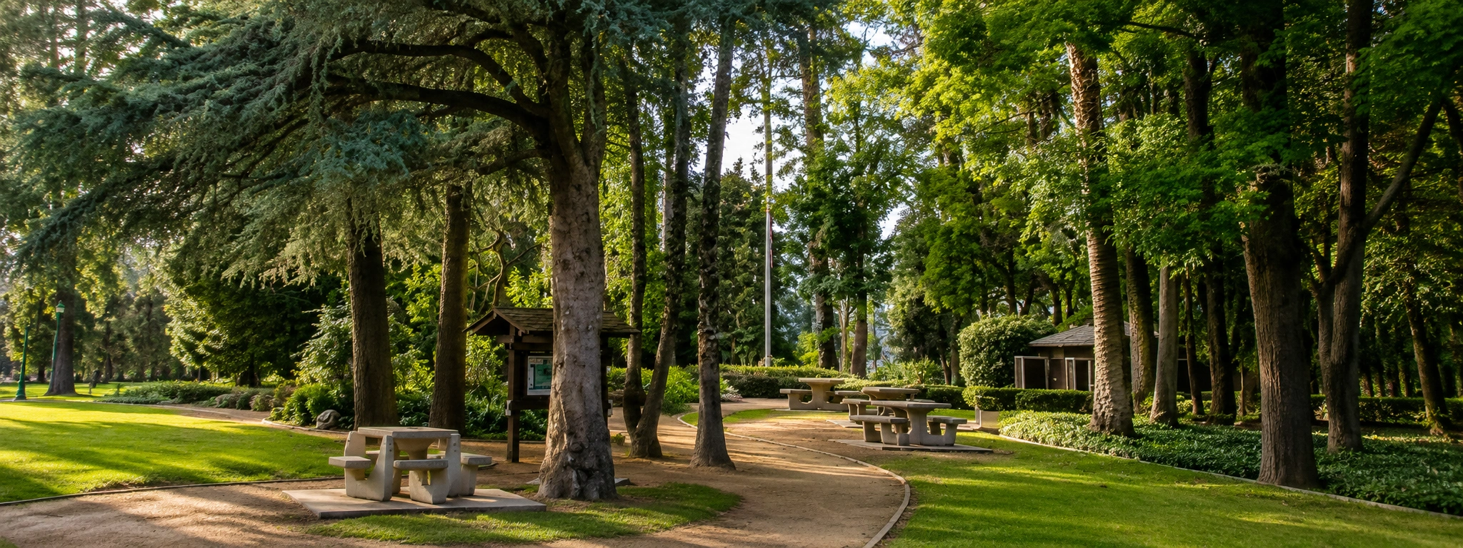 Prospect Park in Redlands California with shaded walking paths, picnic tables, and towering historic trees