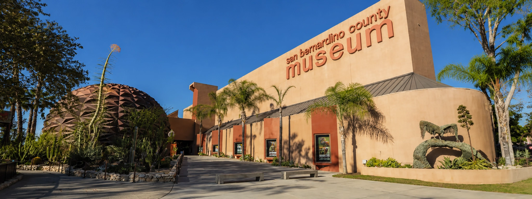 San Bernardino County Museum entrance in Redlands California with desert gardens and modern architecture