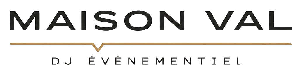 Logo Maison Val DJ Évènementiel avec un texte gris foncé et une ligne horizontale dorée stylisée formant un V vers le bas.