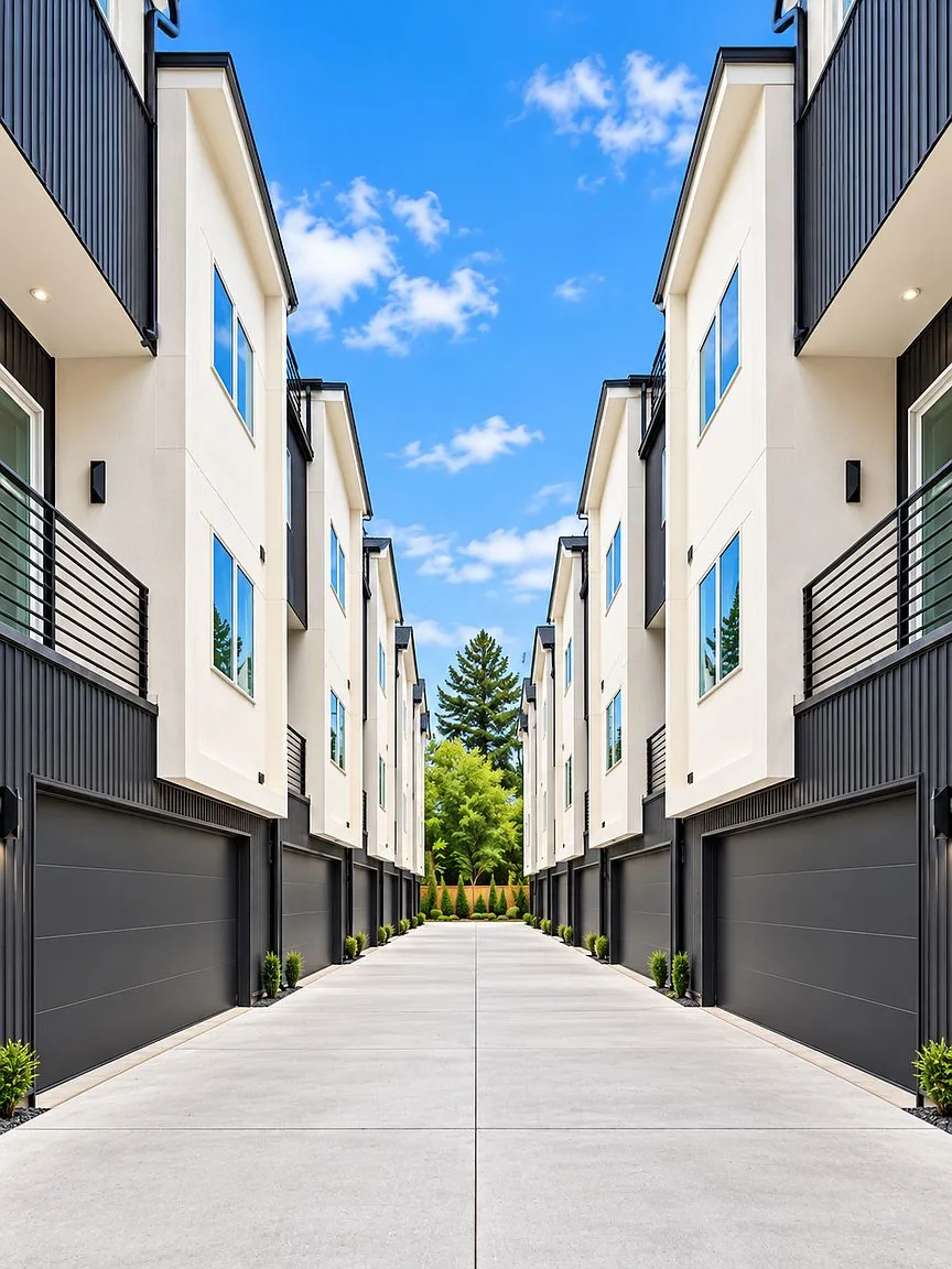 Private driveways and attached garages between townhome rows