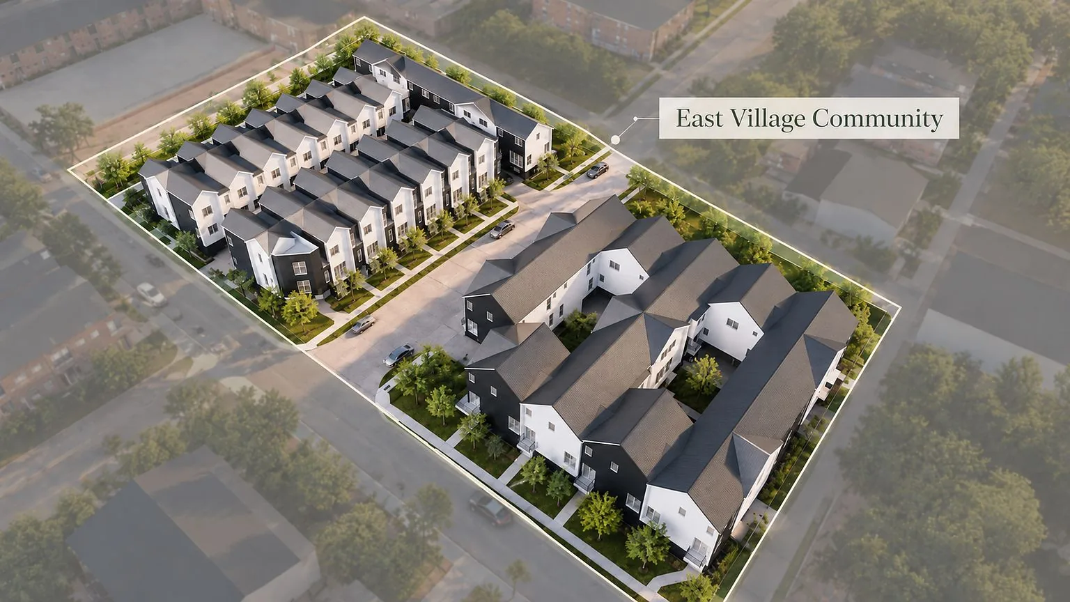 Aerial rendering of the East Village community