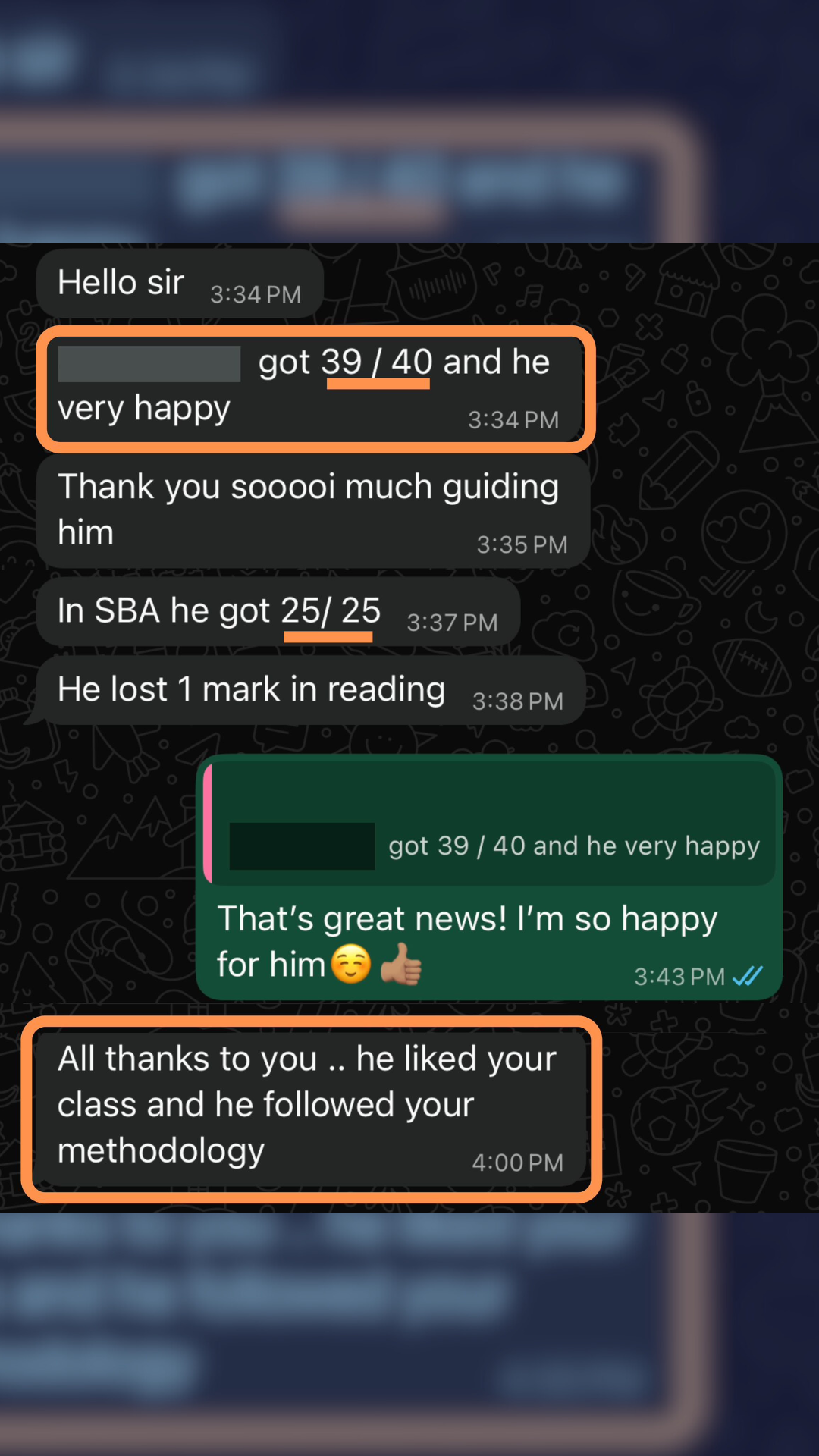 Parent WhatsApp feedback - PSLE Oral score jump