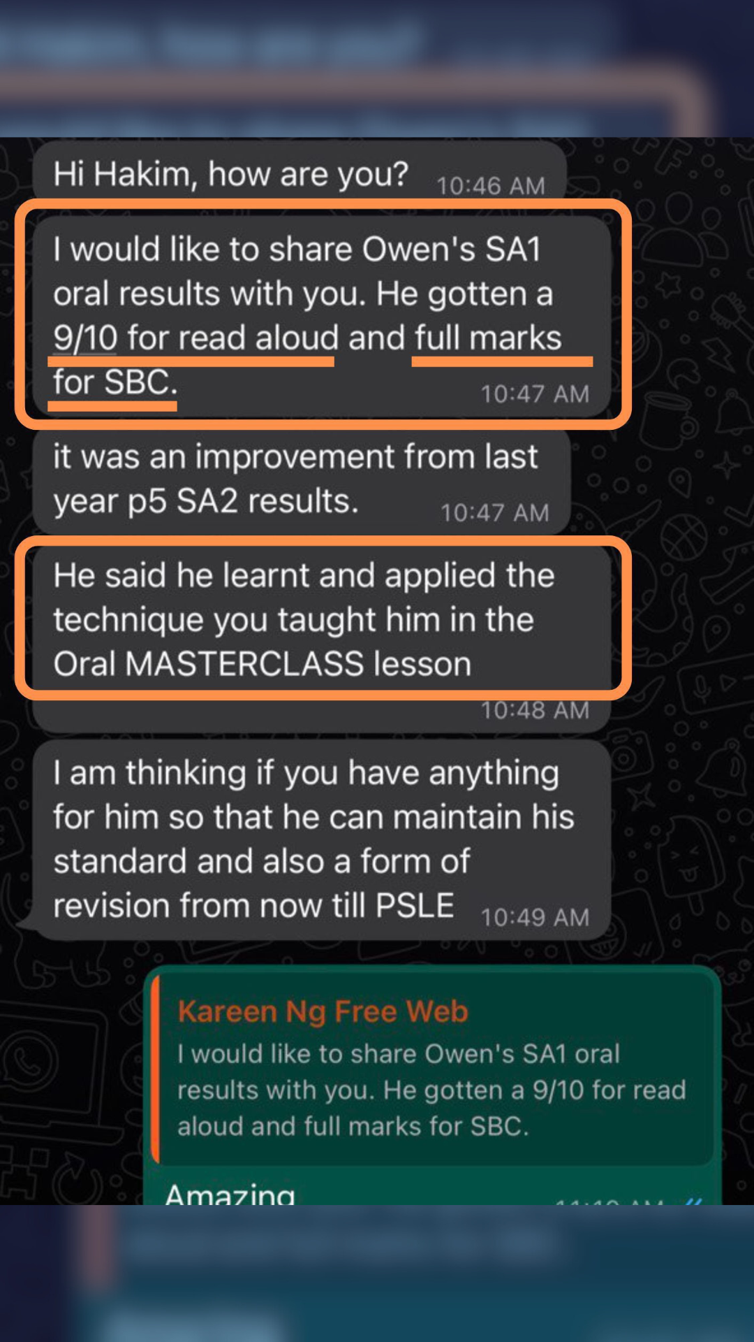 Parent WhatsApp feedback - Oral exam confidence