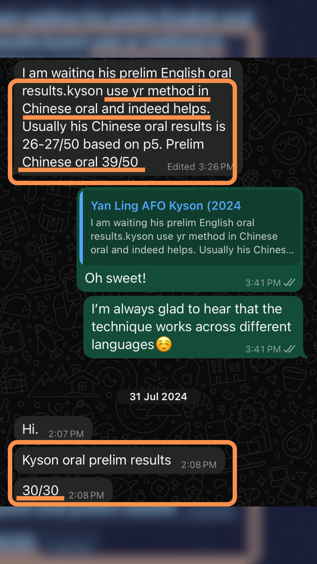 Parent WhatsApp feedback - AL1 result celebration
