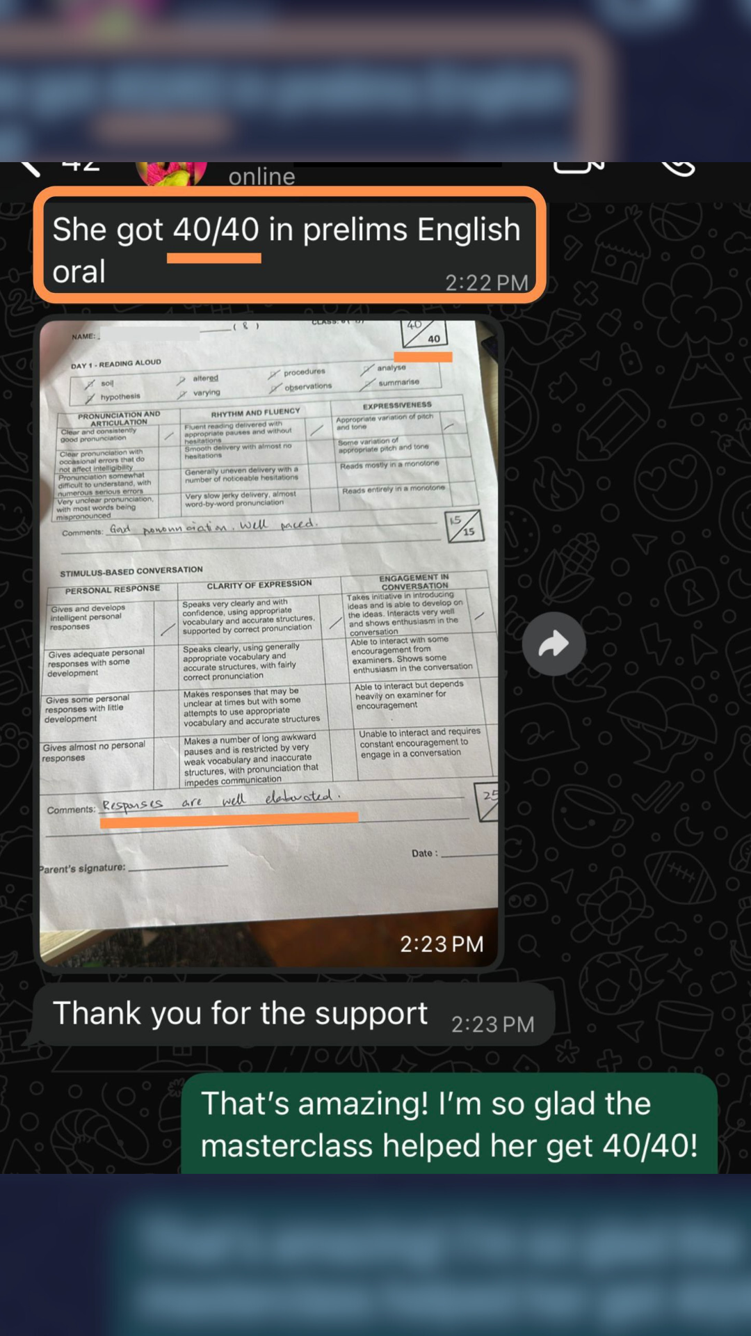 Parent WhatsApp feedback - Reading aloud fluency