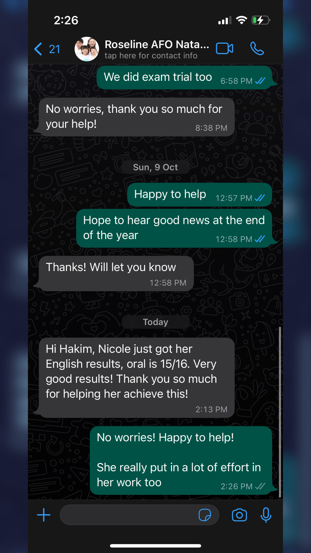 Parent WhatsApp feedback - Score jump from 17 to distinction