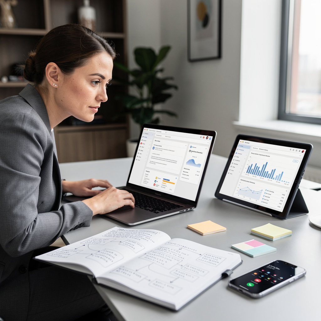Creator working at desk with multiple screens showing disconnected business platforms and revenue data