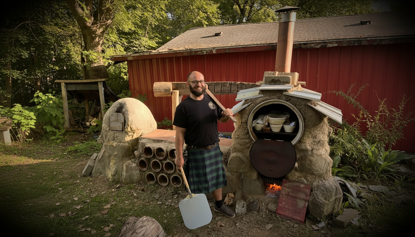 Merrit Gillie, owner of Renegade Sourdough, standing with a pizza peel beside his handbuilt wood-fired oven in Mount Morris, Michigan.