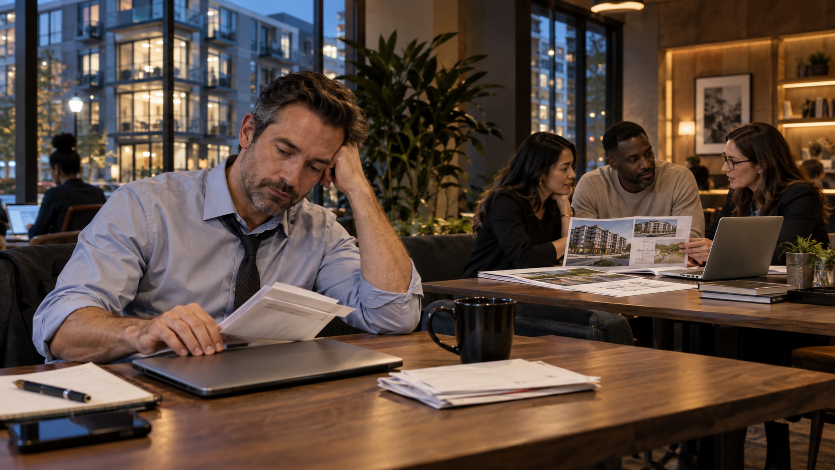 W-2 professional leaving work as a couple discusses long-term real estate investment planning with an advisor.
