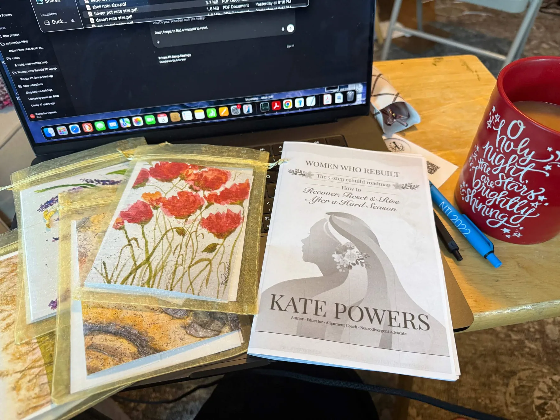 Kate's printable scripts, cards and journals on her desk