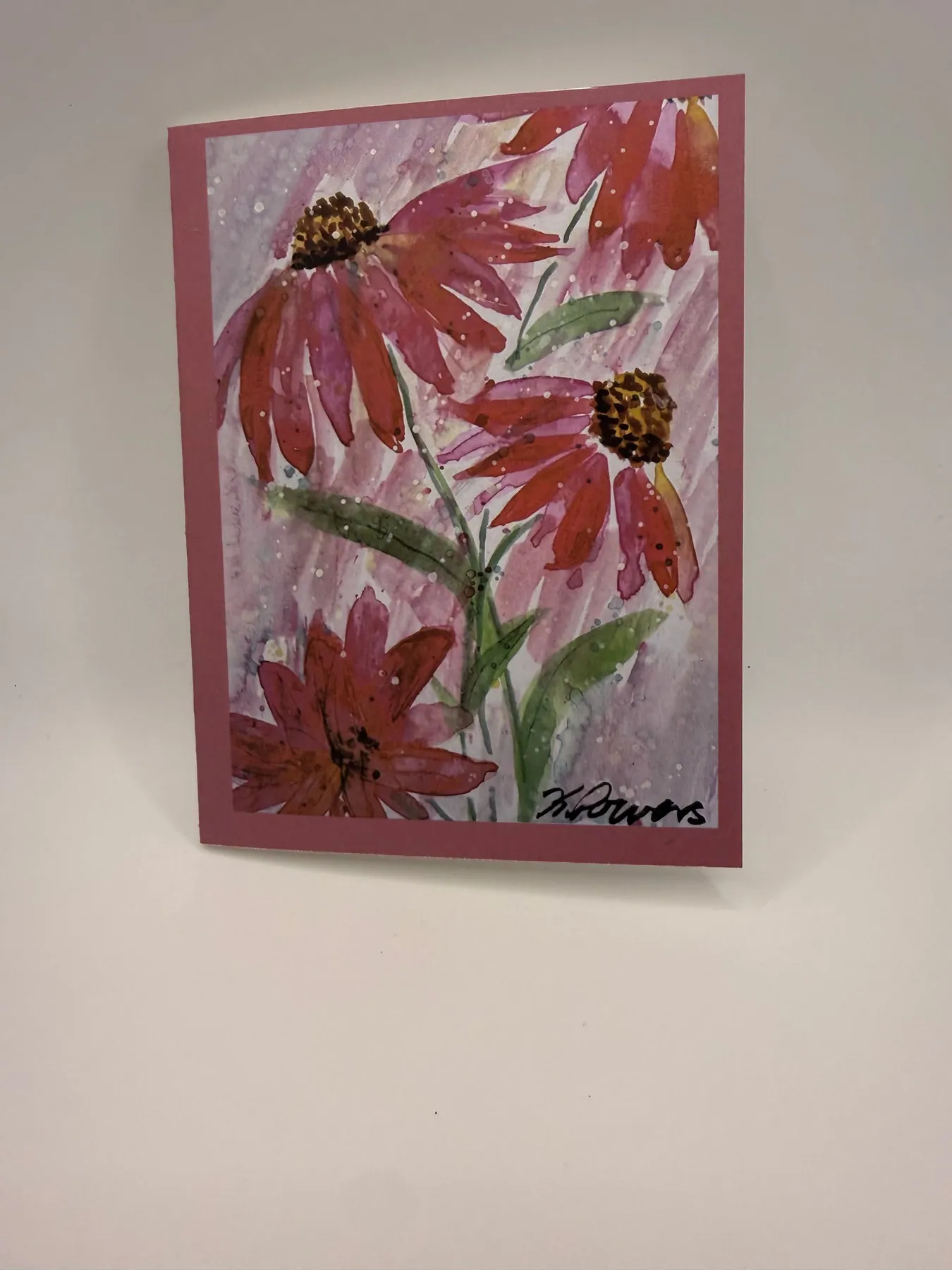 One of Kate's hand-painted calm cards: a coneflower in watercolour