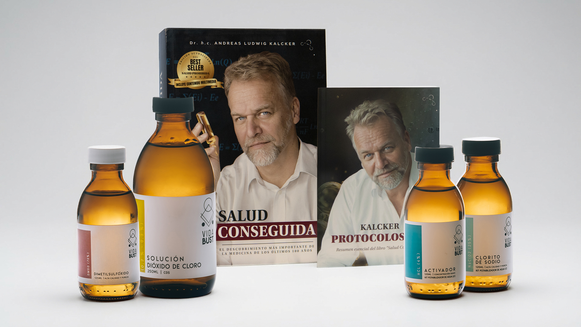 A vibrant flat-lay of two hardcover health books by Dr. Kalcker and six neatly arranged 250ml CDS bottles, set on a white table with warm sunlight, evoking a sense of premium quality and wellness. No people are present.