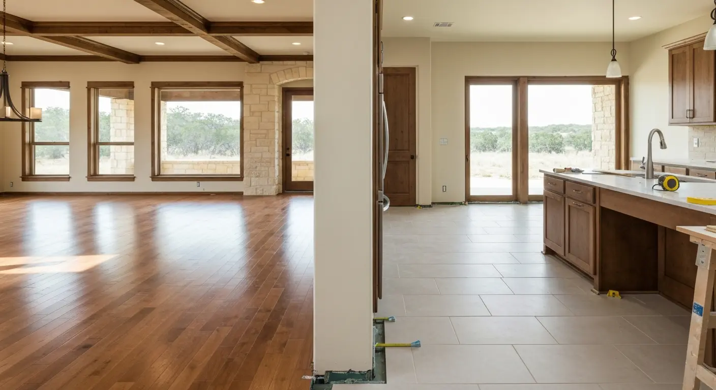 Mixed flooring materials in open concept space