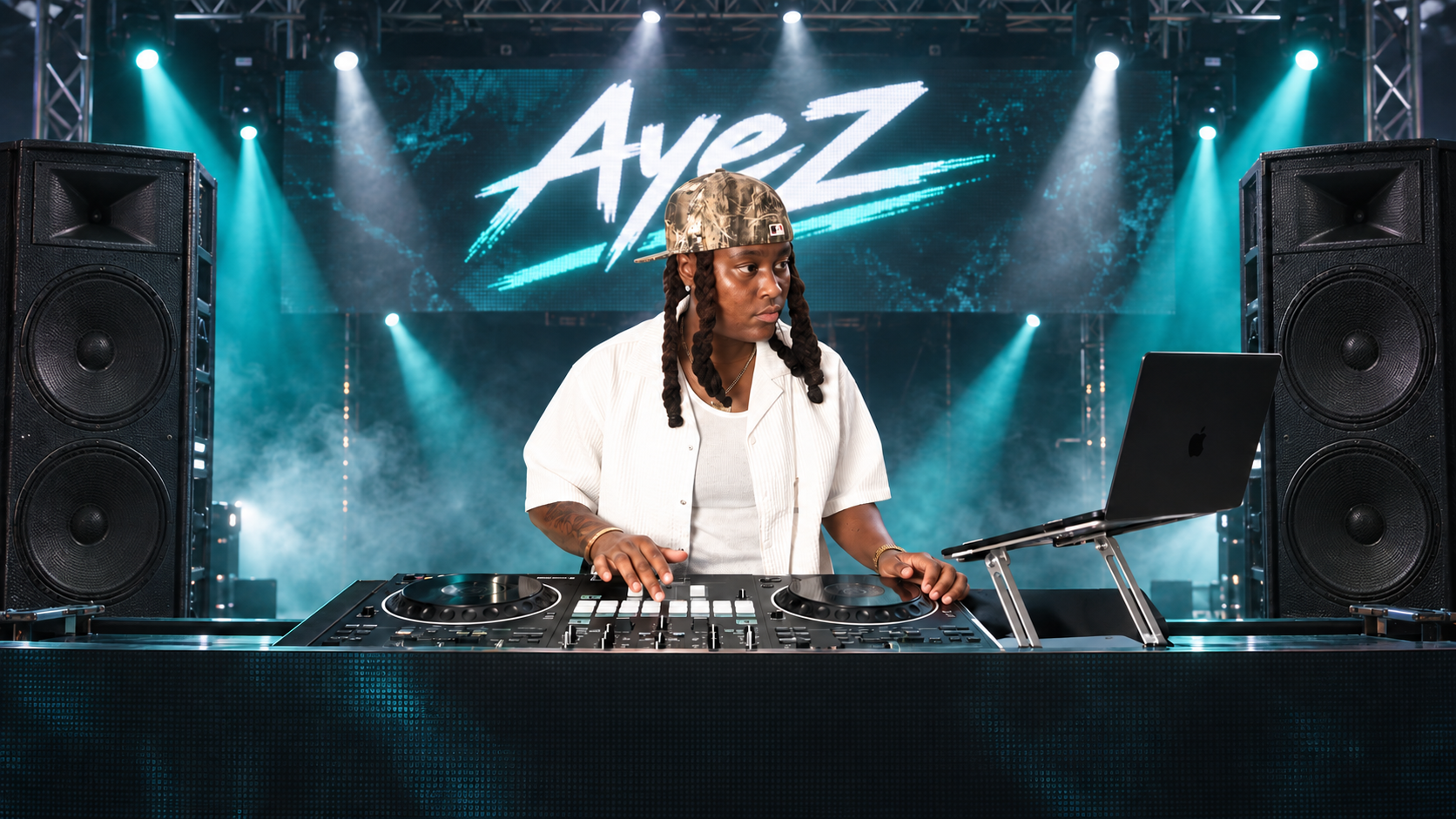 DJ AyeZ at the decks, surrounded by teal and white stage lights and speakers, with her name on the screen.