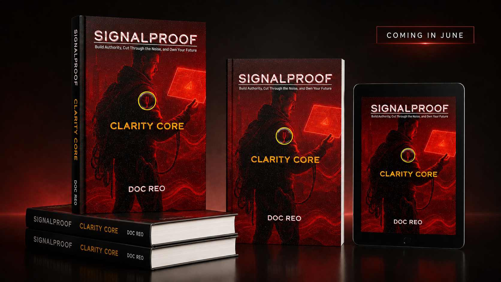 Signalproof Clarity Core book mockup showing hardback, paperback, eBook, and mobile edition