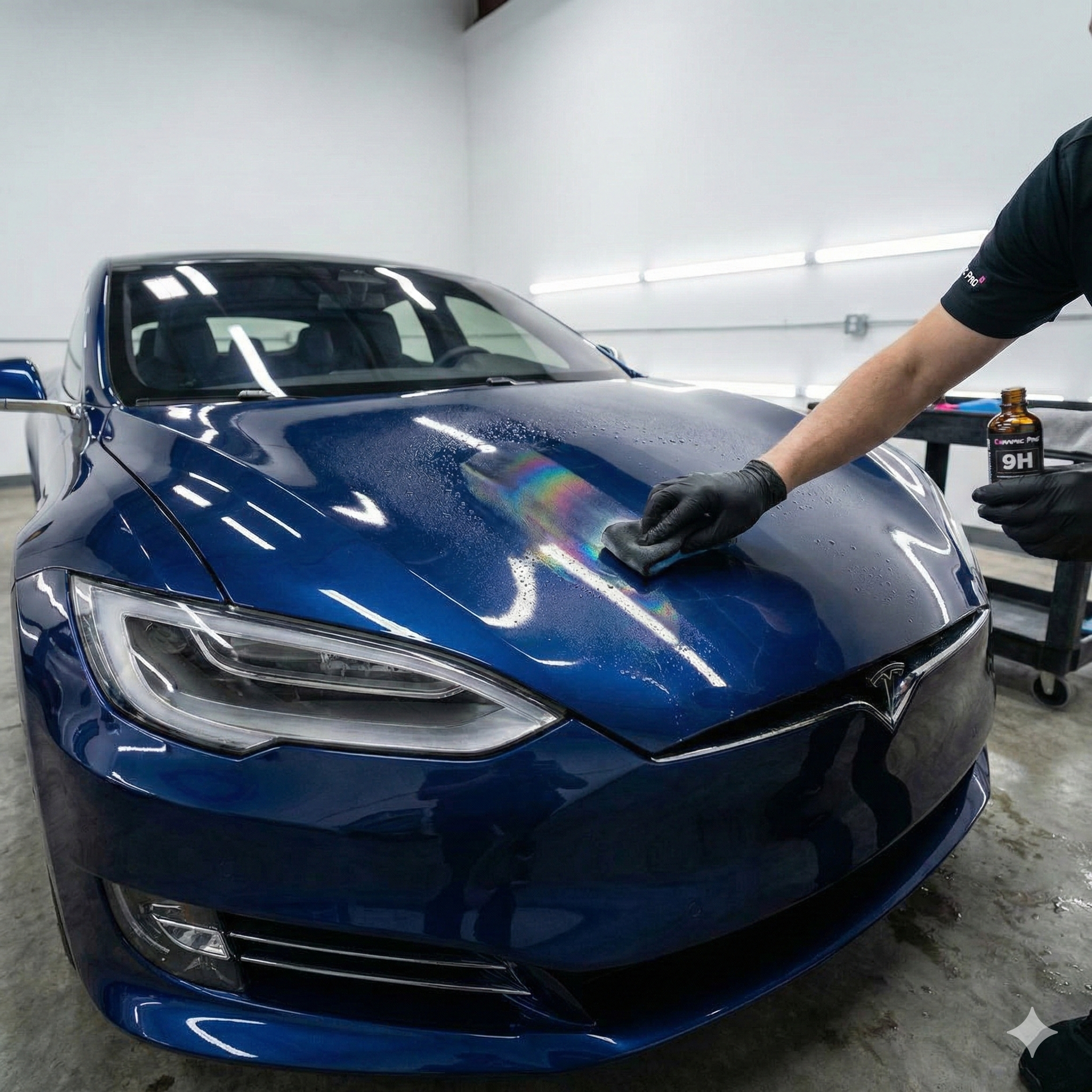 Ceramic coating being applied to vehicle