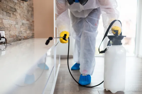 Pest control technician treating a home