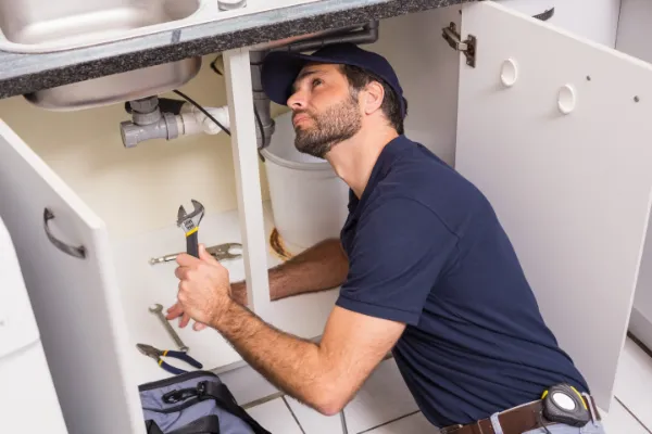 Plumber working under a sink