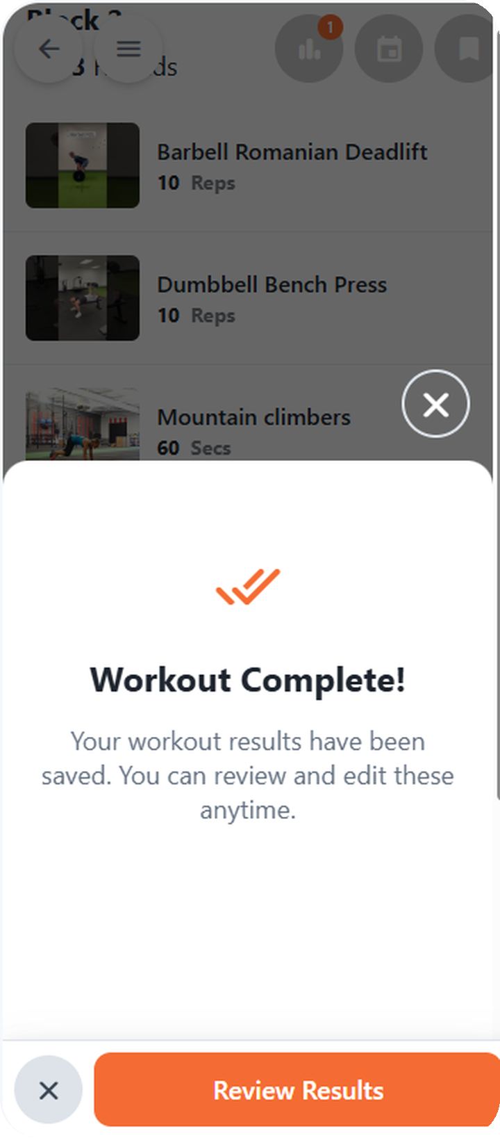 Workout complete screen in the app