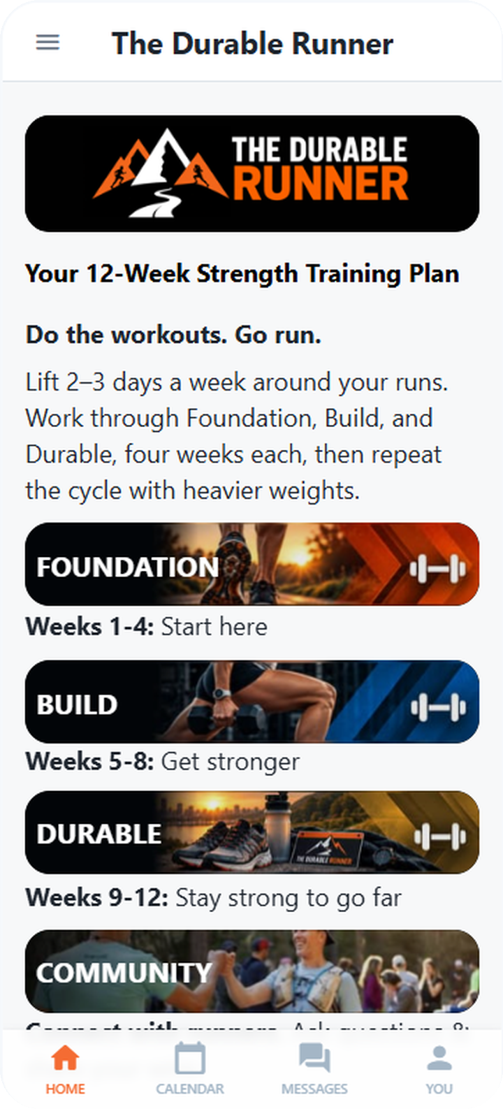 The Durable Runner app home screen showing the Foundation, Build, and Durable phases