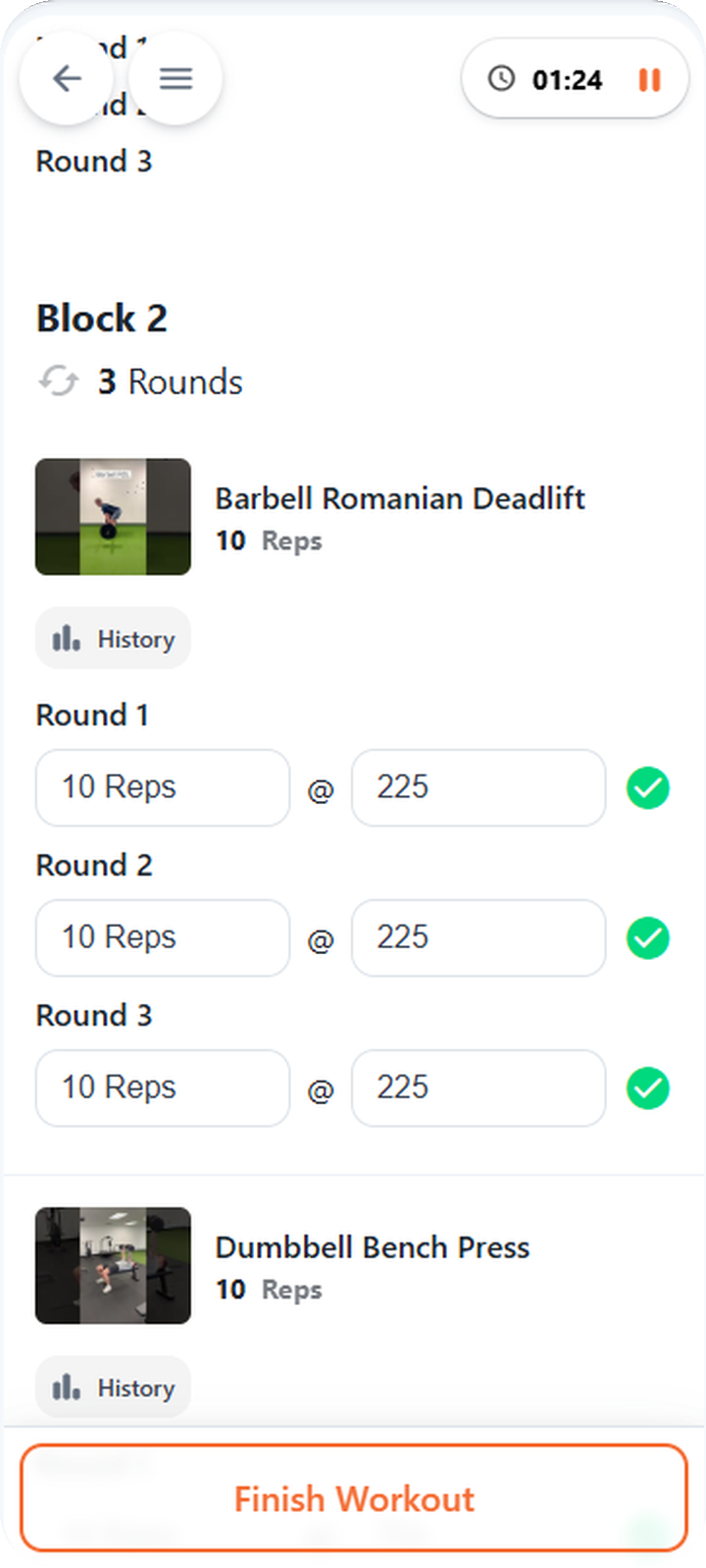 Logging weights for each round of a Romanian deadlift in the app