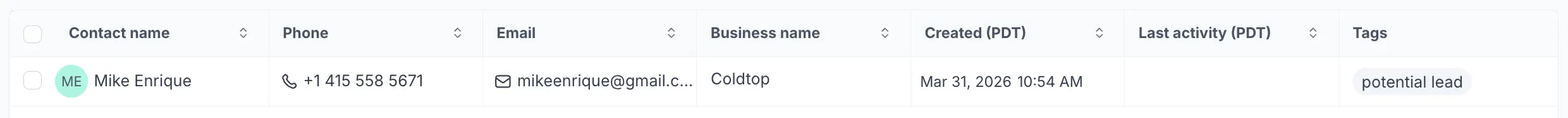 CRM contacts list screenshot