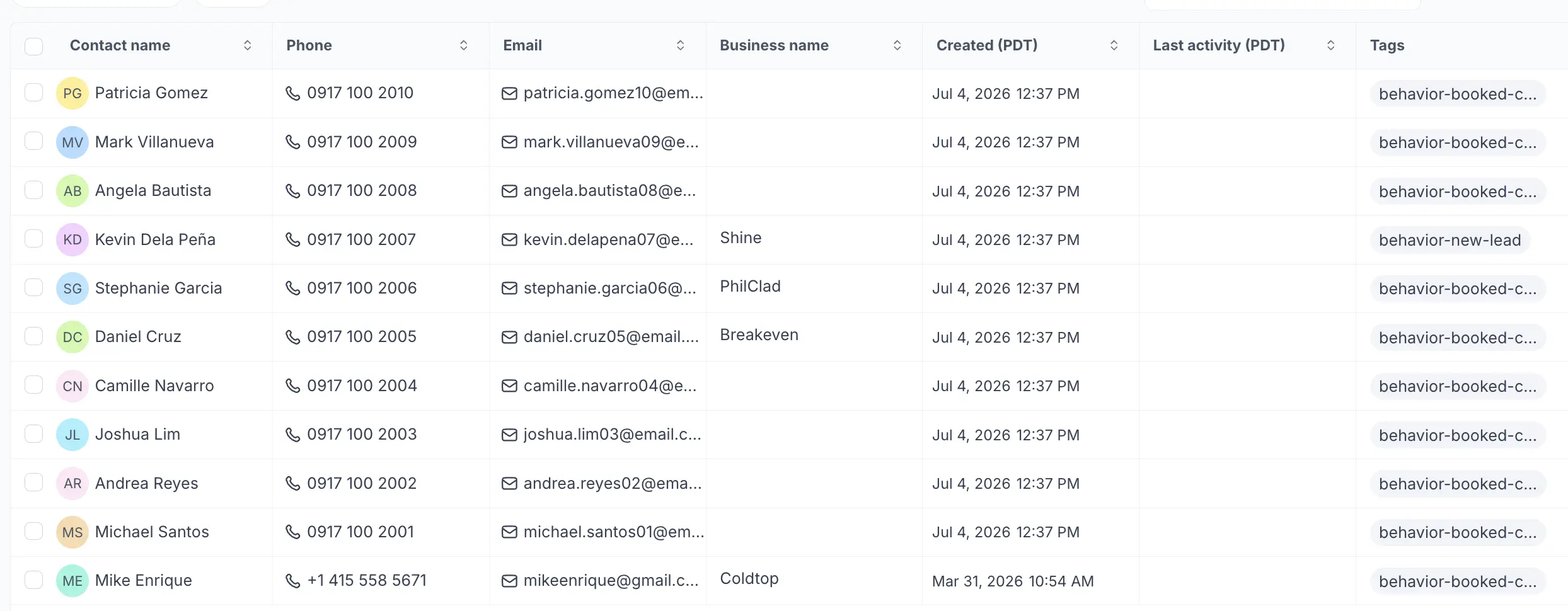 CRM contacts list screenshot