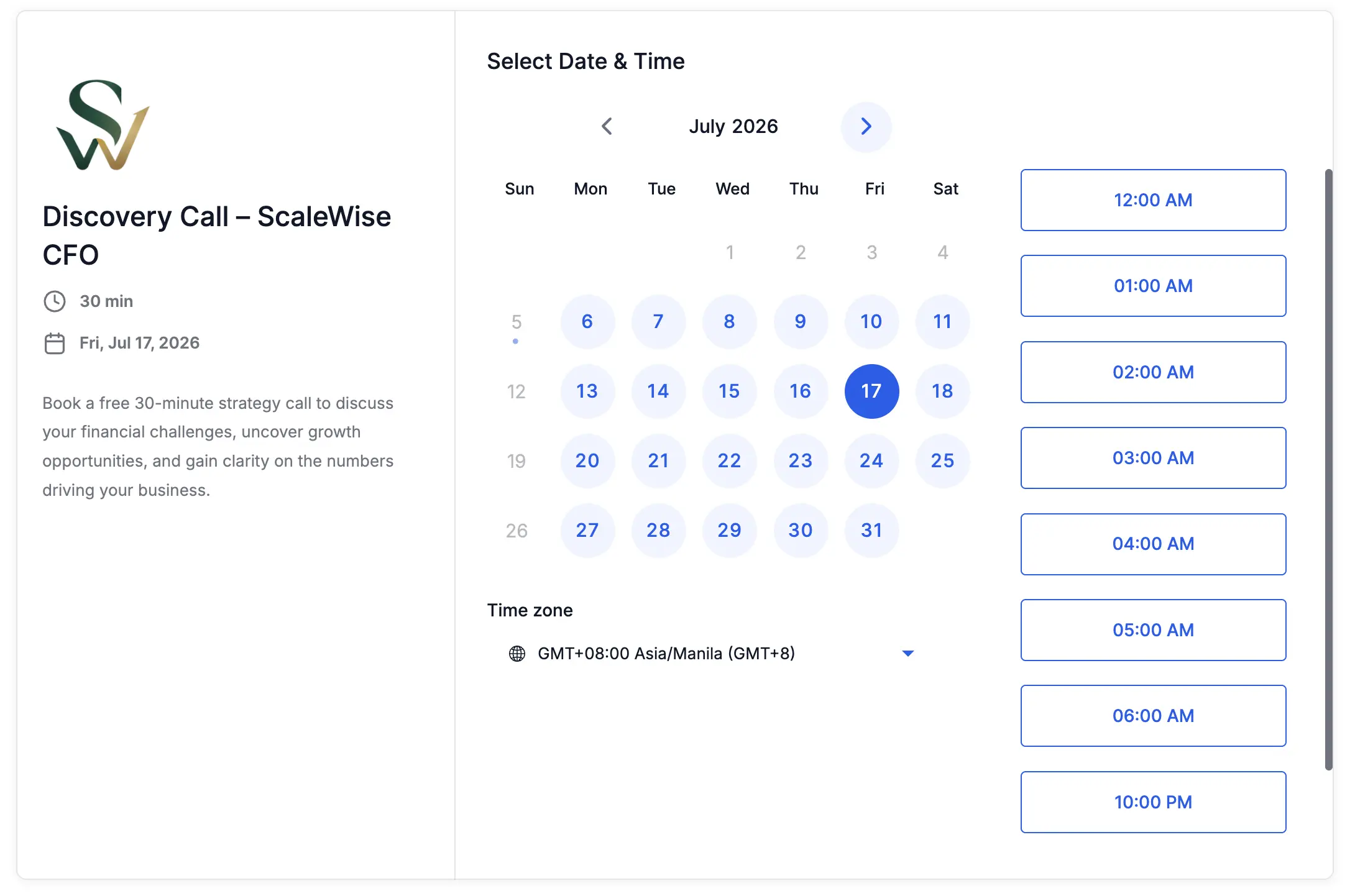 Calendar booking screenshot