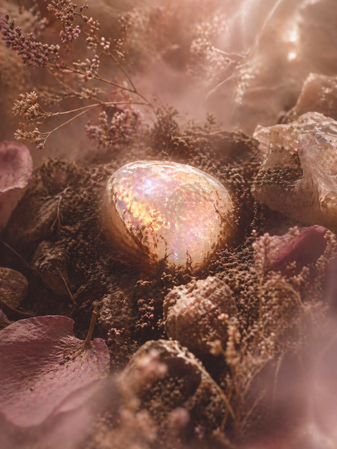Glowing opal gemstone emerging from the earth, representing inner gifts, visibility, and self-expression