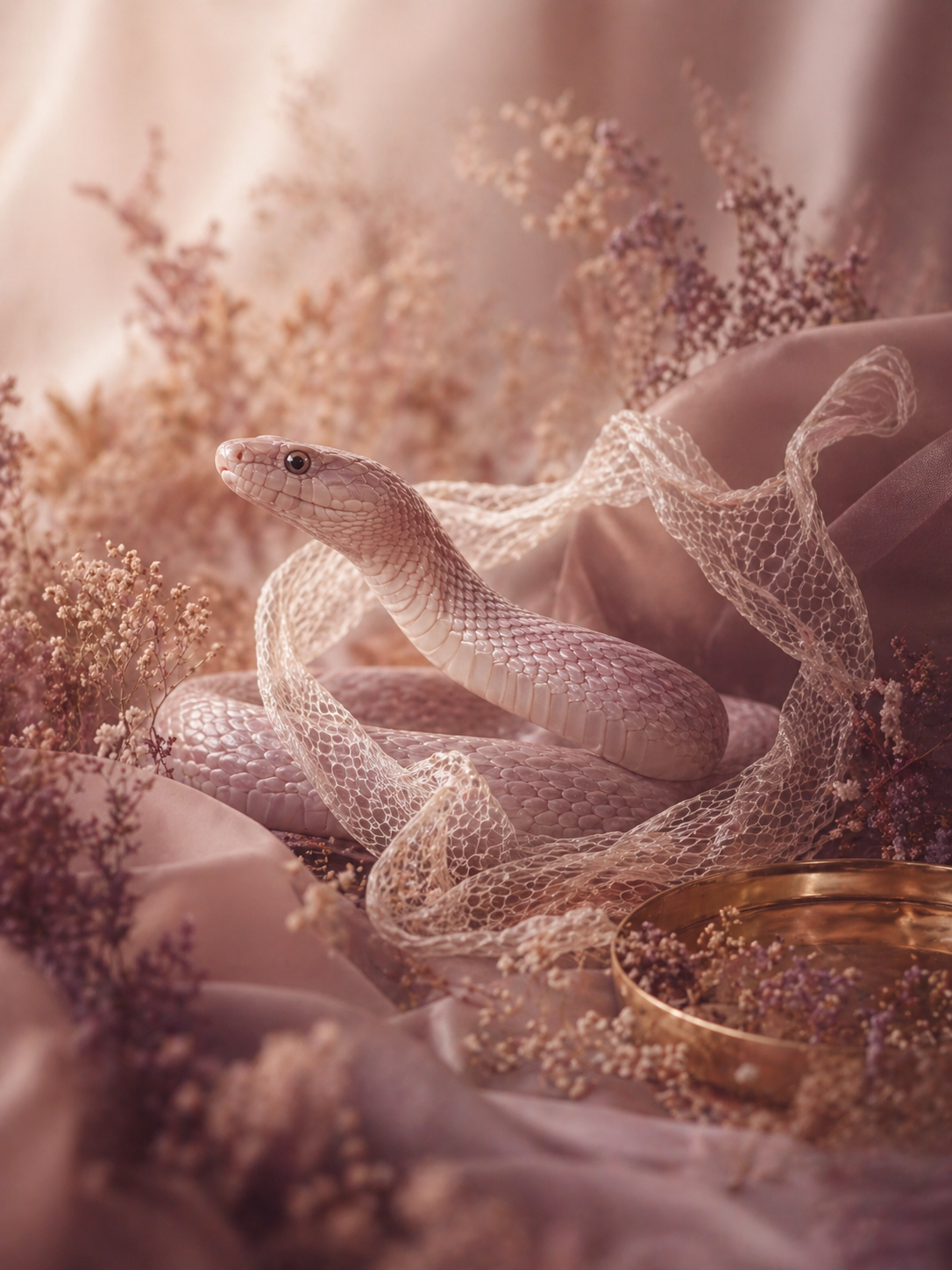 Soft romantic image of a snake shedding its skin, representing release, transformation, and becoming