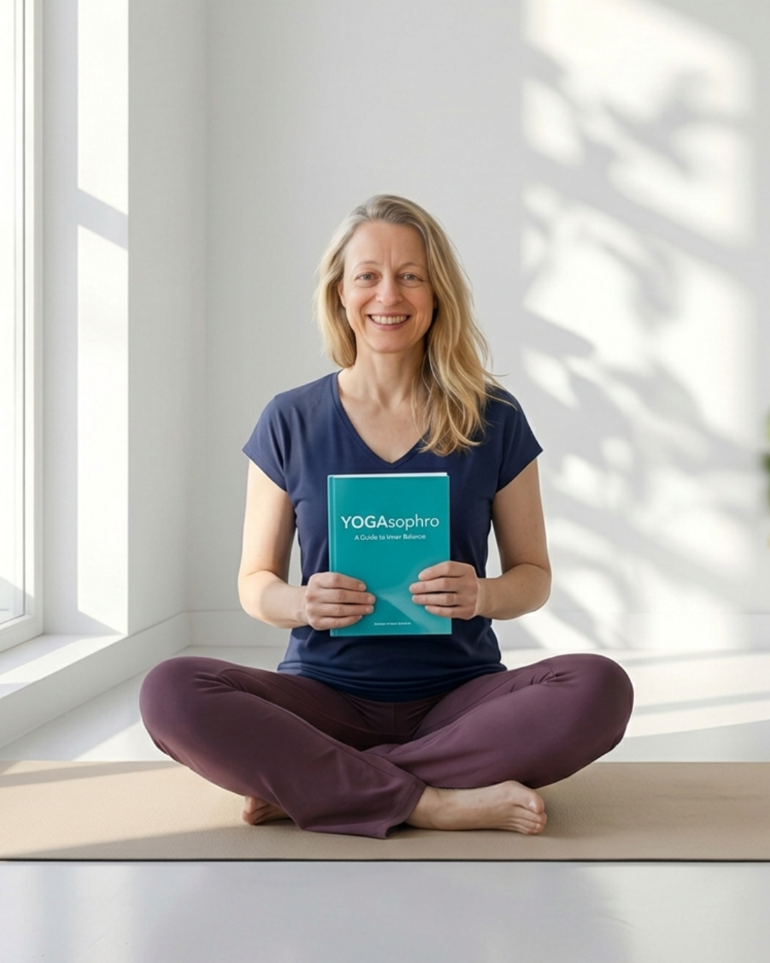 Mila Rivault assise avec le livre YOGAsophro&reg;