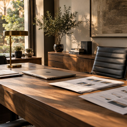 Sunlit executive workspace with books and laptop.
