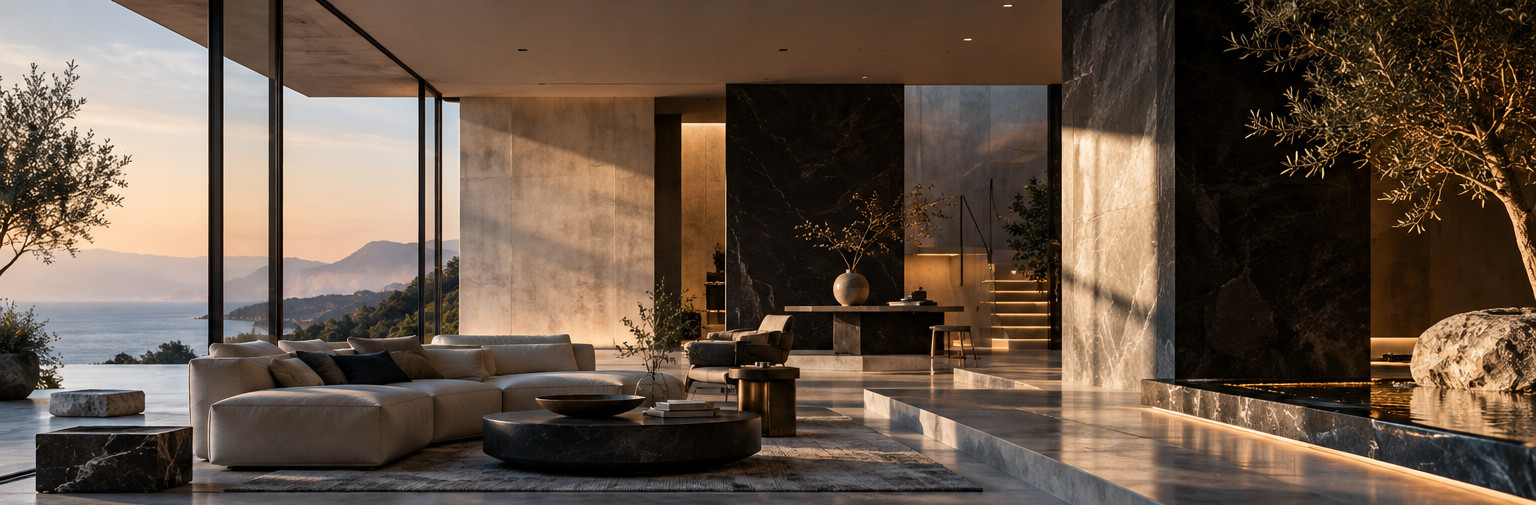 Modern stone and glass house at sunset, illustrative photography.